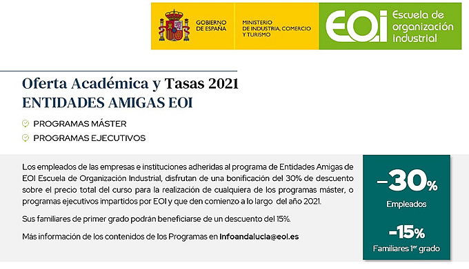 EOI. Oferta Académica y Tasas 2021 para programas MÁSTER y EJECUTIVOS