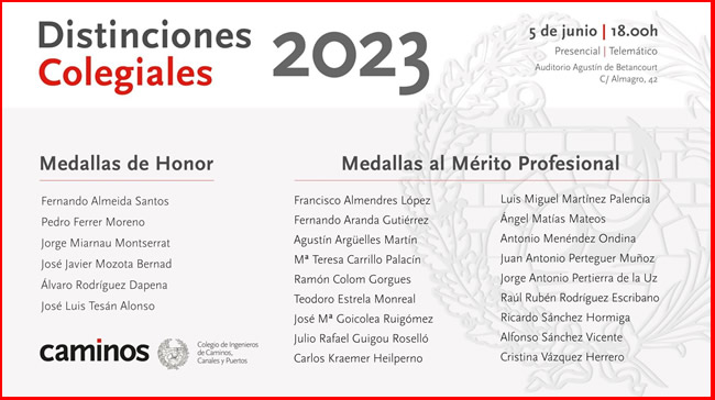 El CICCP distingue a tres ingenieros andaluces con las Medallas de Honor y al Mérito Profesional 2023
